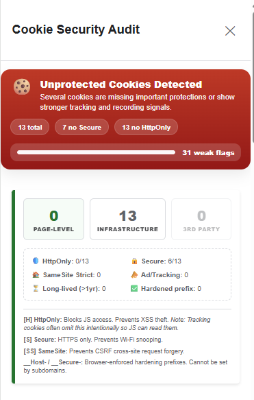 Scantide Observe cookies and storage analysis showing tracking cookies, session behavior, and browser storage usage