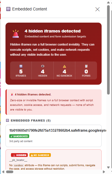 Scantide Observe embedded elements panel showing third-party iframes, widgets, and external content sources