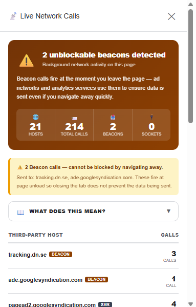 Scantide Observe live network panel displaying real-time connections to external services and third-party infrastructure